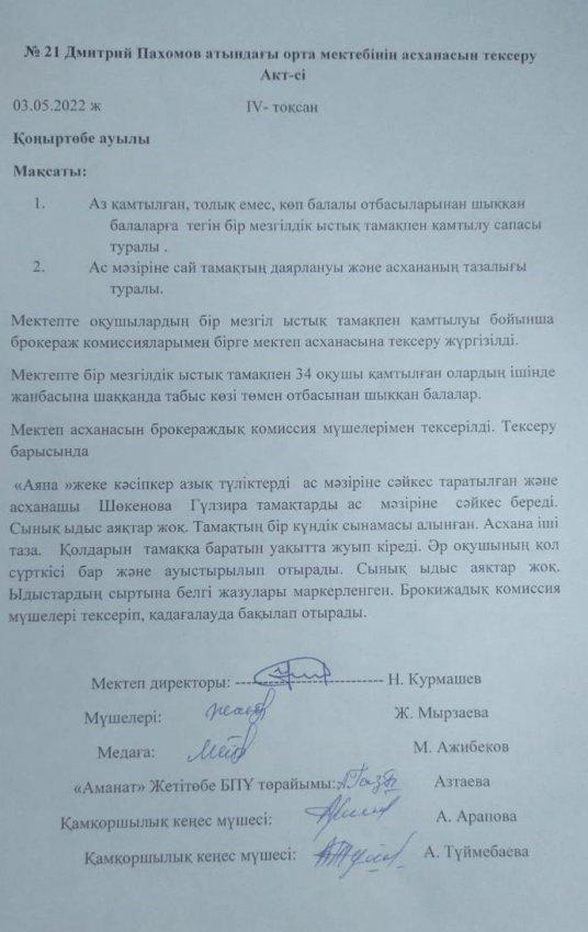 № 21 Дмитрий Пахомов атындағы орта мектебінің асханасын тексеру Акт-сі