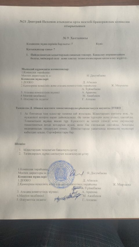 №21 Д.Пахомов атындағы орта мектебінің бракераждық комиссия отырысының хаттамасы